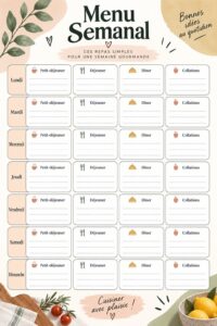 Un menu hebdomadaire coloré avec des recettes variées pour simplifier la cuisine.