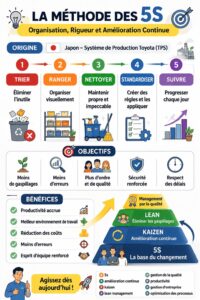 Espaces de bureau organisés selon la méthode 5S pour une meilleure productivité