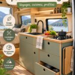 Cuisine organisée dans un van aménagé mettant en valeur le mobilier pratique