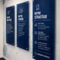 Un mur de stratégie avec mission et vision visibles, inspirant un groupe de femmes en réunion.