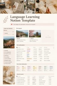 Capture d'écran d'un modèle Notion pour l'apprentissage des langues, illustrant des leçons organisées.