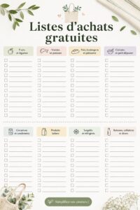 Un modèle de liste de courses imprimable sur un plan de travail avec des produits alimentaires autour.