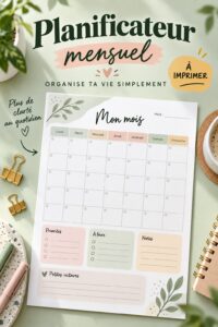 Modèle de planner mensuel imprimable sur un bureau