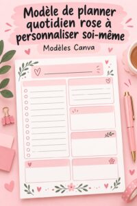 Modèle de planner quotidien rose personnalisé sur un bureau