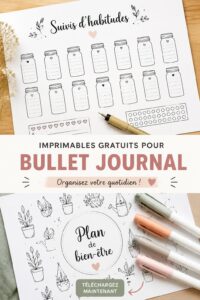 Modèles colorés de Bullet Journal gratuits étalés sur une table