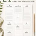 Une collection de modèles de listes de courses colorés et imprimables sur un bureau