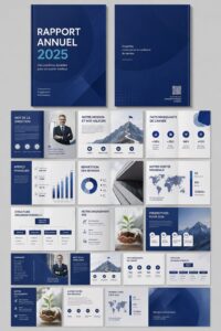 Un aperçu d'un modèle de rapport annuel avec des graphiques et des données illustratives.