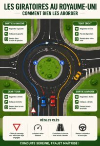 Une voiture naviguant paisiblement dans un rond-point au Royaume-Uni, illustrant la conduite sereine.