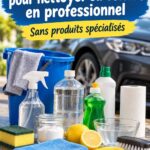 Nettoyage de l'intérieur d'une voiture avec des produits ménagers à portée de main.