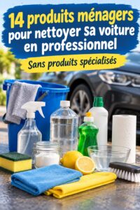 Nettoyage de l'intérieur d'une voiture avec des produits ménagers à portée de main.