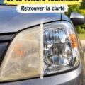 Femme nettoyant des phares de voiture avec un produit spécial