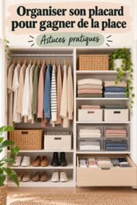 Placard organisé avec des solutions de rangement pratiques.