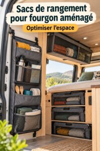 Un VW California bien organisé avec des sacs soigneusement rangés à l'intérieur.