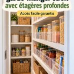 Garde-manger étroit bien organisé avec des étagères profondes.
