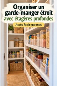 Garde-manger étroit bien organisé avec des étagères profondes.