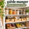 Garde-manger organisé avec des bocaux en verre et des étagères bien rangées.