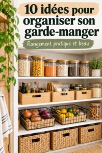 Garde-manger organisé avec des bocaux en verre et des étagères bien rangées.