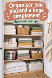 Placard à linge organisé avec des serviettes et draps bien rangés