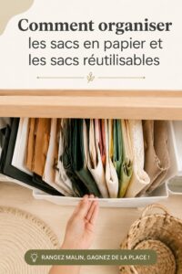 Photo de sacs en papier et réutilisables bien organisés dans une cuisine