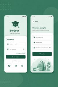 Illustration d'une page de connexion moderne pour étudiants, montrant des champs d'inscription clairs et engageants.