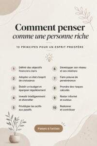 Femme souriante qui lit un livre sur la réussite financière, symbolisant la pensée positive