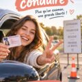 Femme professionnelle souriante tenant son permis de conduire.