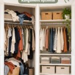 Transformation d'une pièce de rangement avant et après la réorganisation, montrant un espace optimisé et esthétique.