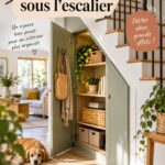 Aménagement d'un placard sous l'escalier, avec étagères et boîtes de rangement.