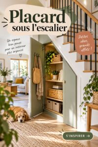 Aménagement d'un placard sous l'escalier, avec étagères et boîtes de rangement.