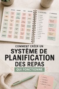 Une femme souriante planifie ses repas avec des recettes devant elle.