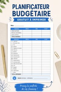 Un planificateur de budget imprimé sur une table en bois avec des stylos.