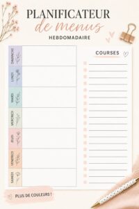Planificateur de menu hebdomadaire coloré prêt à imprimer sur un bureau.