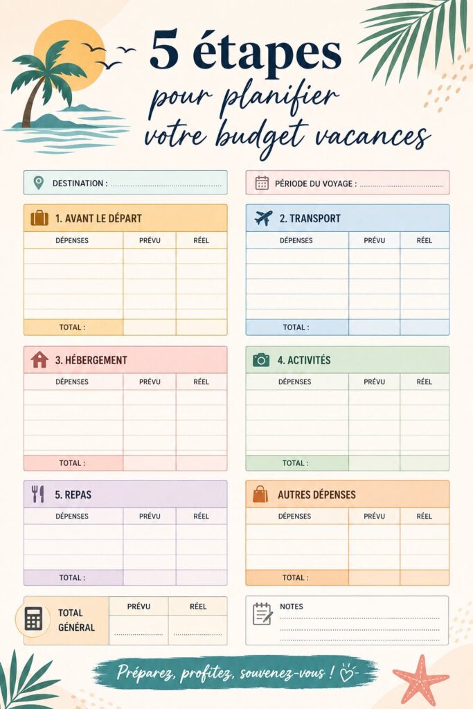 Femme planifiant son budget vacances avec un ordinateur et des notes.