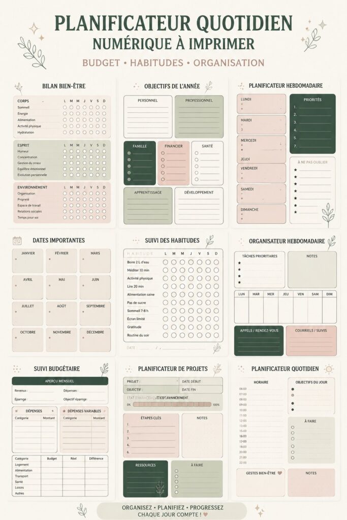 Un planner numérique illustrant un budget et des habitudes à suivre.