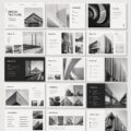 Un portfolio d'architecture ouvert, présentant des projets variés sur des pages élégantes.