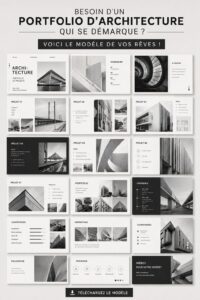 Un portfolio d'architecture ouvert, présentant des projets variés sur des pages élégantes.