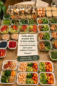 Femme préparant des repas sains pour toute la semaine en cuisine