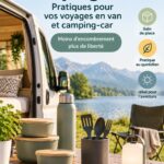 Accessoires de rangement pratiques pour camping-car sur une table.