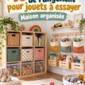 Un salon organisé avec des solutions de rangement pour jouets attrayantes et fonctionnelles.