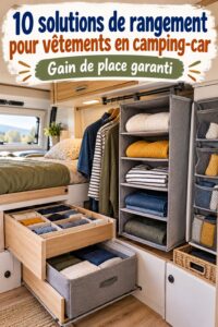 Espace de rangement optimisé pour vêtements dans un camping-car avec des accessoires pratiques.
