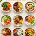 Un délicieux bowl riche en protéines avec légumes colorés et quinoa.