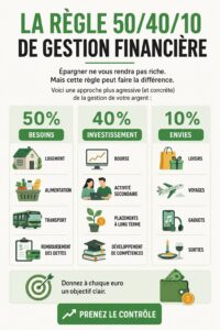 Illustration de la règle 50/40/10 pour la gestion financière.