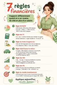 Une femme souriante, tenant un carnet de finances, avec des graphiques de budget en arrière-plan.