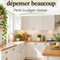 Une cuisine blanche moderne récemment rénovée à petit budget, avec des meubles et accessoires élégants.