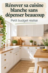 Une cuisine blanche moderne récemment rénovée à petit budget, avec des meubles et accessoires élégants.