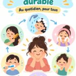 Femme prenant soin d'elle avec des produits d'hygiène personnelle, symbolisant une routine quotidienne et durable.