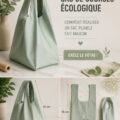 Un sac de courses pliable en tissu coloré sur une table de cuisine.