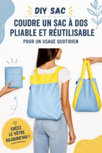 Sac à dos pliable fait maison en tissu coloré sur une table.