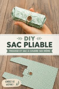 Sac en tissu pliable fait maison sur une table en bois, prêt à être utilisé pour des courses.