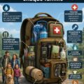 Un sac d'urgence préparé pour une famille, rempli d'éléments essentiels.